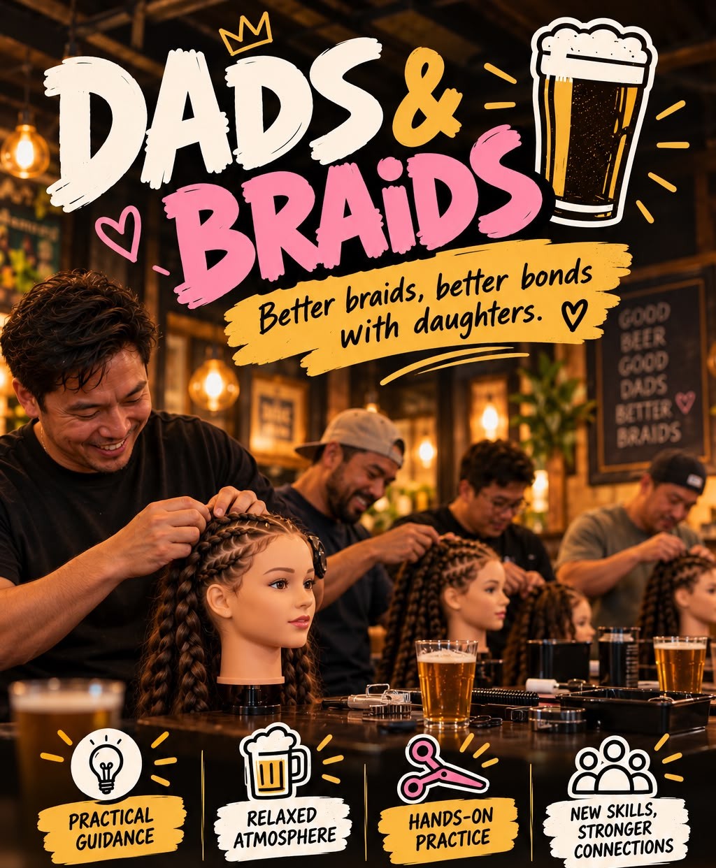 Dads practising braids on mannequin heads at a Dads & Braids workshop